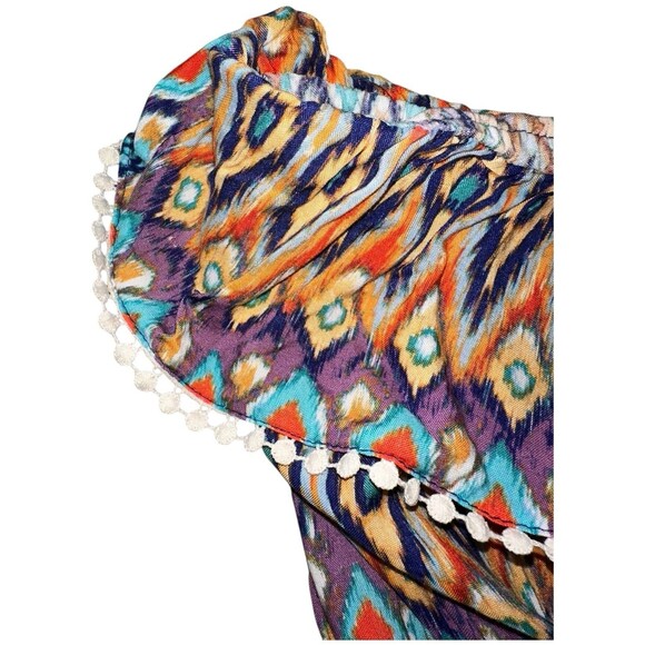 Boho Tube Top Romper Small Tribal Print Elastic Waist Ruffle Pom Trim Coachella - Picture 5 of 13
